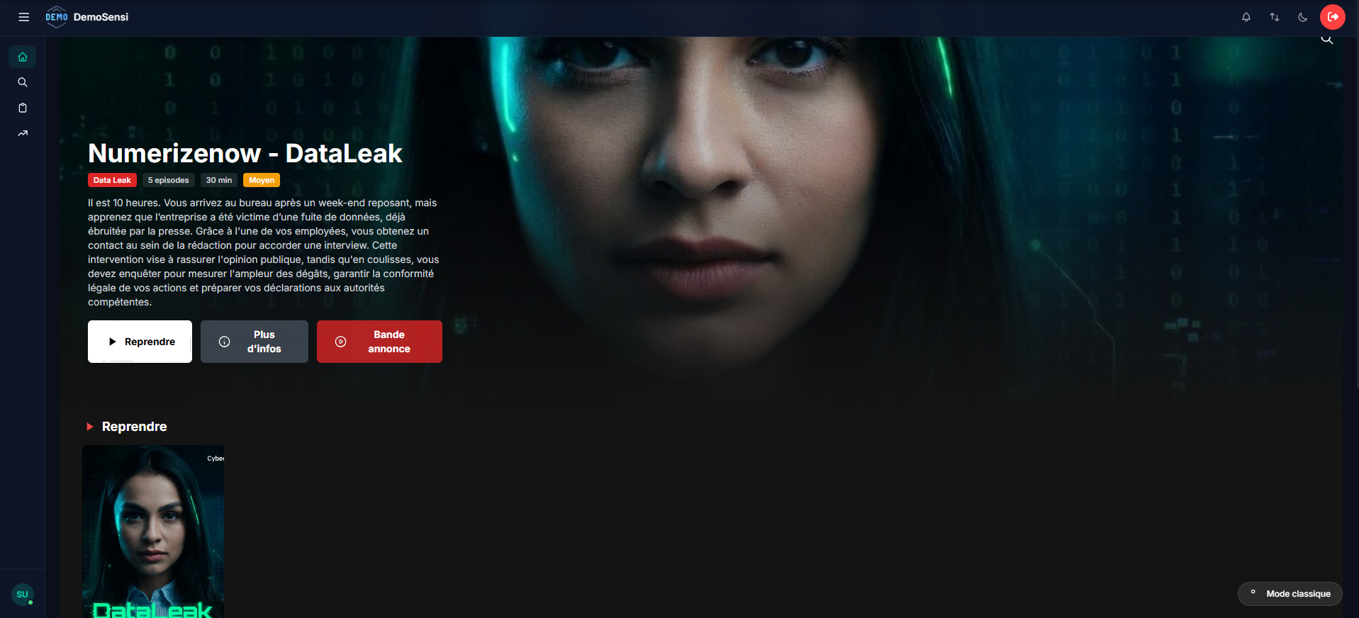 Page d'accueil CyberEnquêtes en mode Netflix avec hero carousel et lignes thématiques