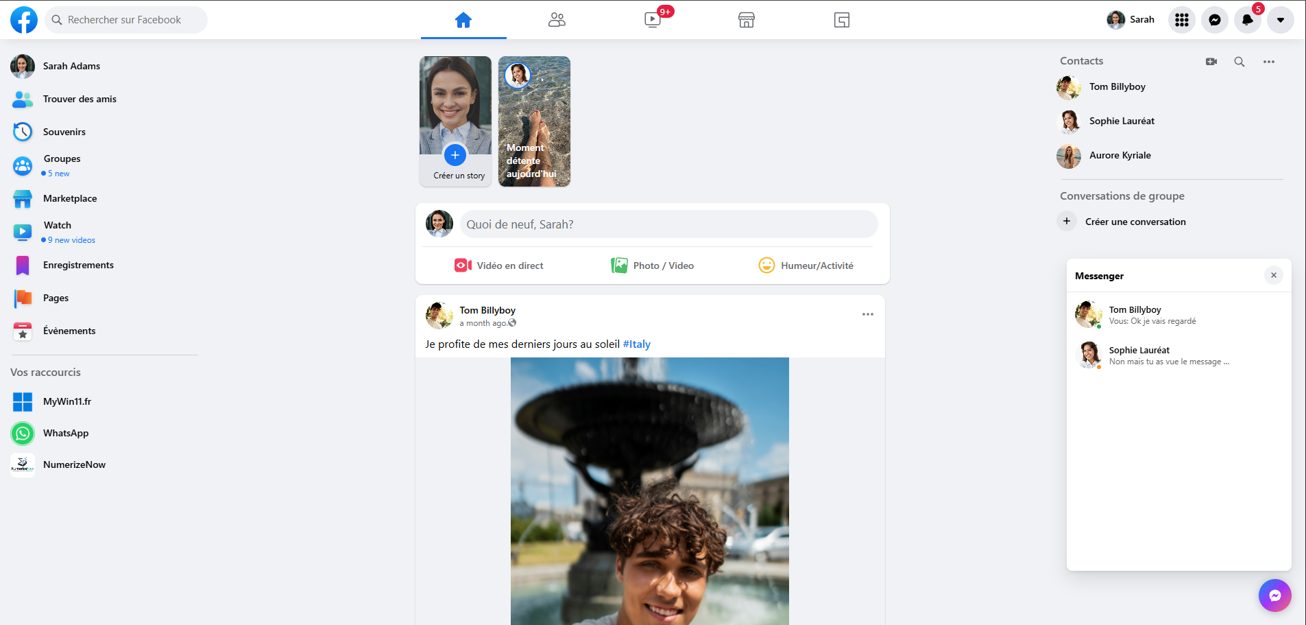 Profil Facebook simulé dans CyberEnquêtes avec feed et Messenger