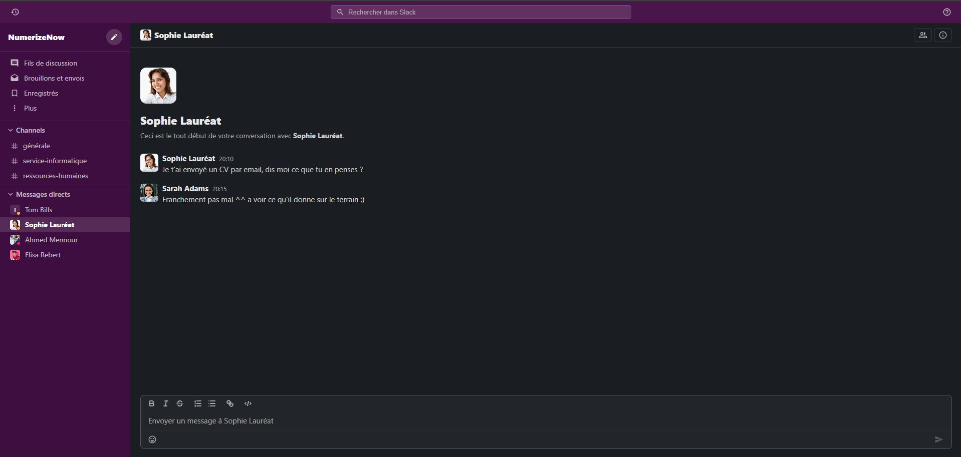 Interface Slack simulée dans CyberEnquêtes avec channels, DM et agent IA