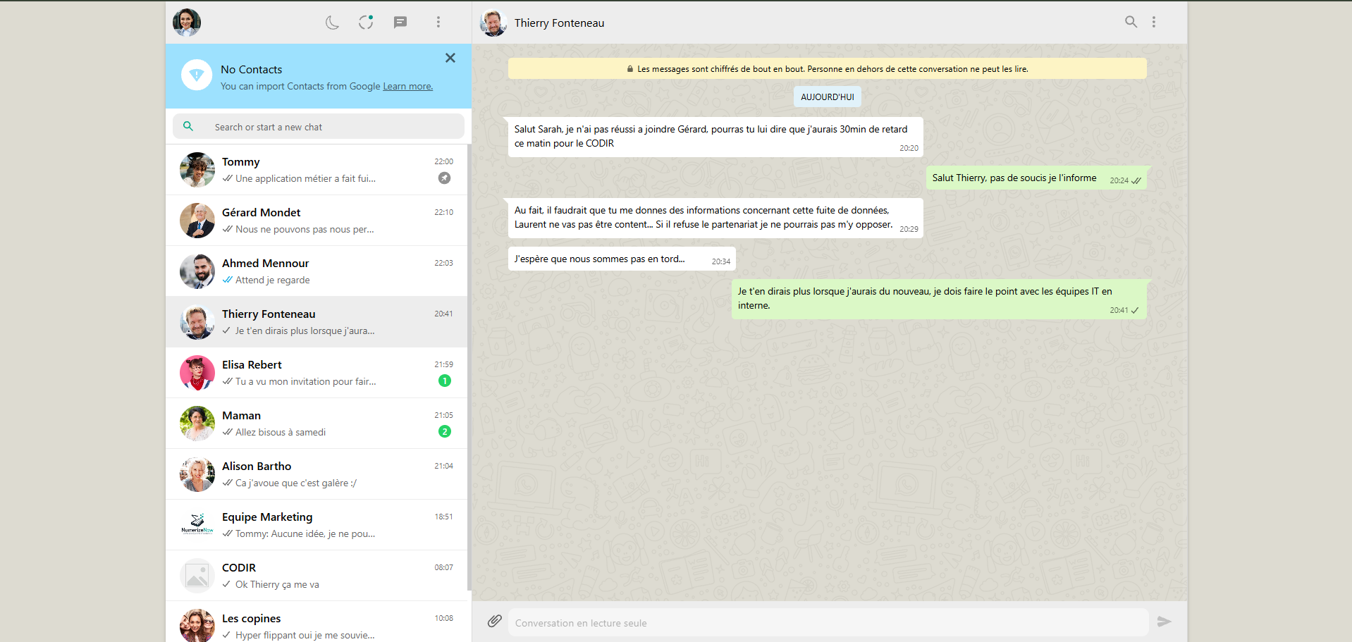 Interface WhatsApp simulée dans CyberEnquêtes avec conversation IA en cours